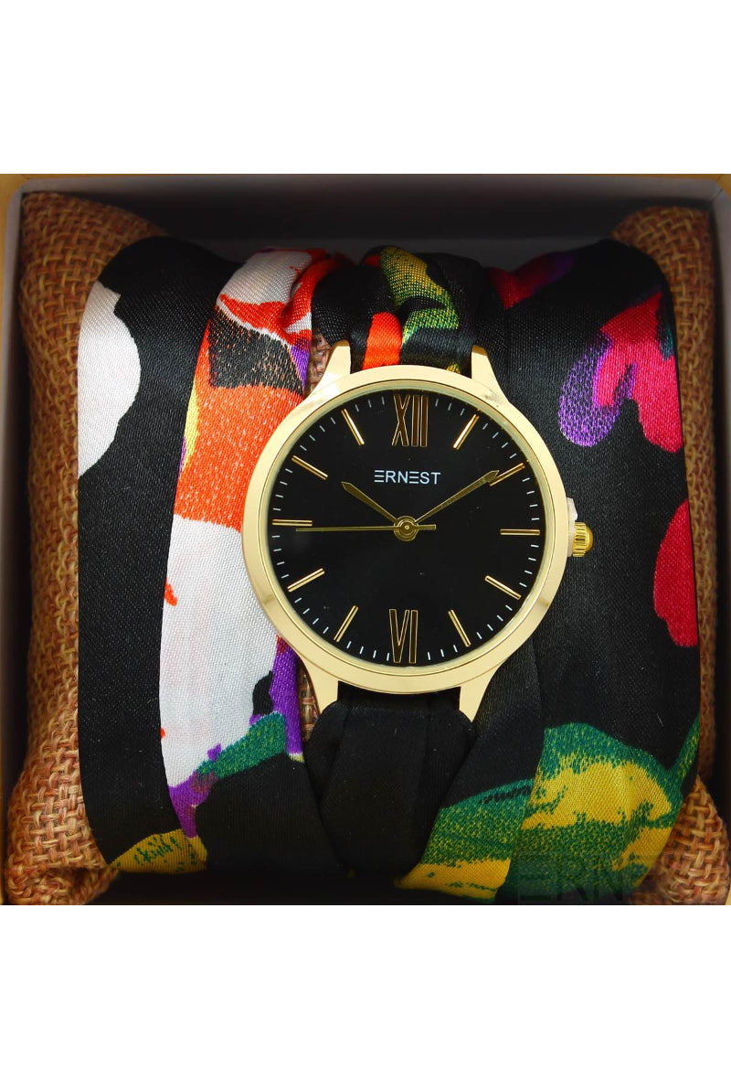 Montre foulard noir multi couleurs